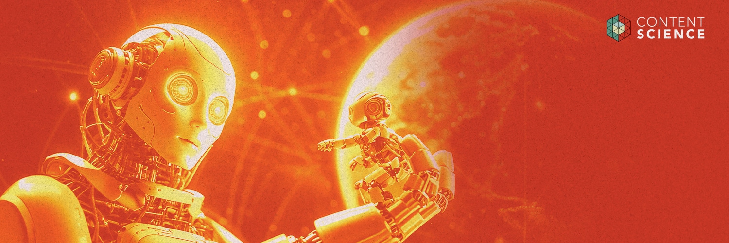 Illustration of a larger robot holding up and gazing at a smaller robot.